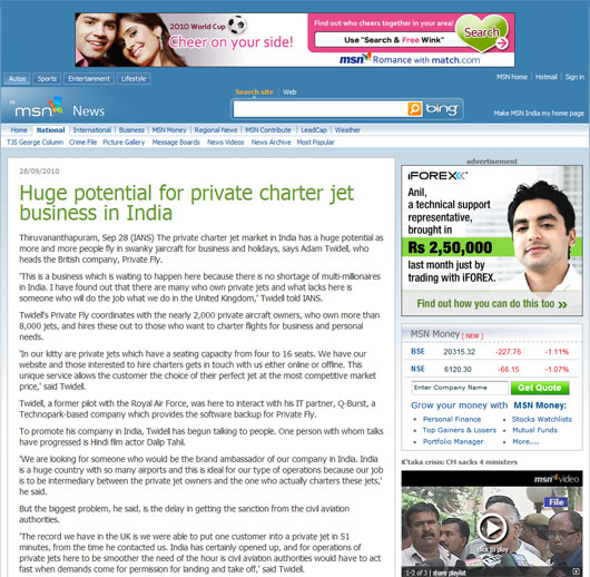 MSN India: Huge potential for private charter jet business in India