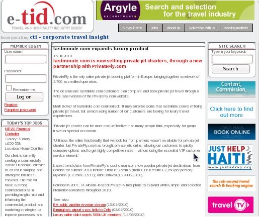Lastminute.com customers can compare and book private jet travel through a white label version of the PrivateFly.com 