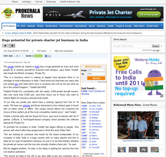 PROKERALA NEWS: Private jet charter India
