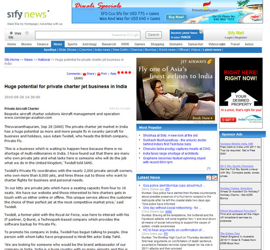 Sify - Private Jet charter India